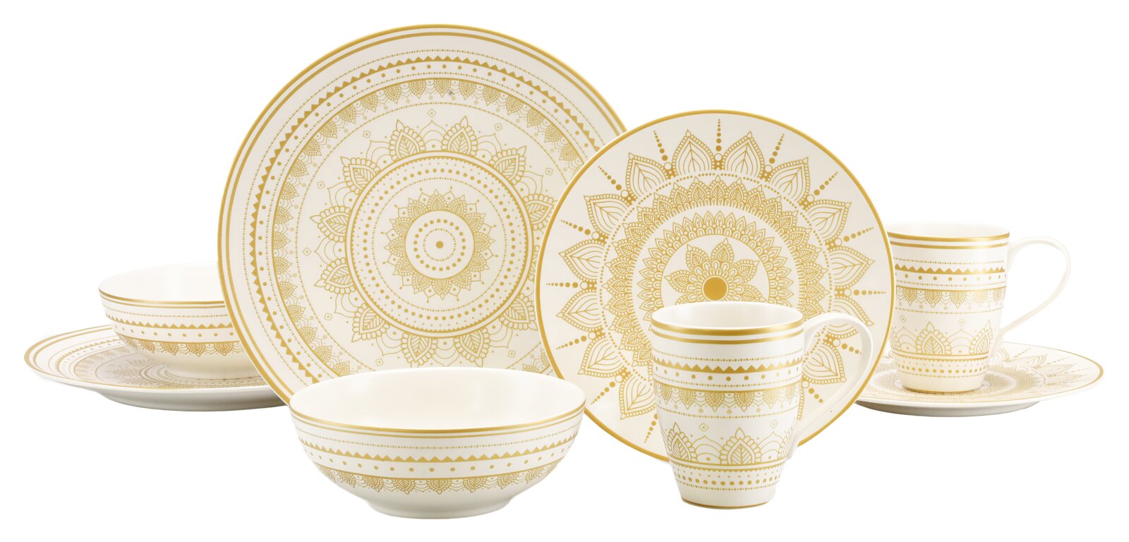 Creatable Kombiservice 8-tlg MANDALA GOLD Weiß-goldenes Geschirrset mit Mandala-Ornamenten (Teller, Schalen und Tassen), frontal in leichter Schrägansicht vor weißem Hintergrund.