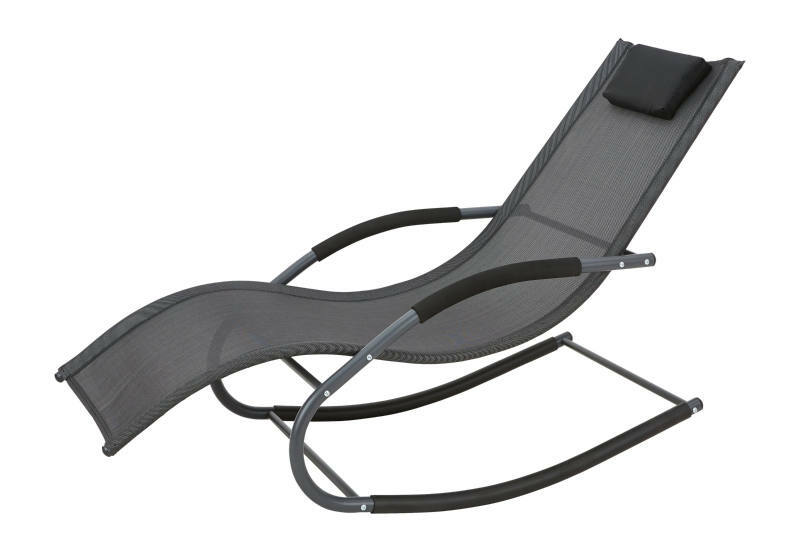 Schwarze Schaukelliege aus Metall und Textil mit Kopfkissen, seitliche Perspektive