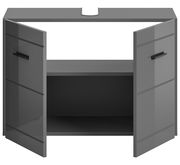 Grauer Waschbeckenunterschrank mit zwei geöffneten Türen, Frontansicht