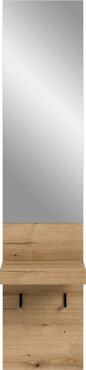 Hoher Wandspiegel mit Ablage und Hakenleiste in Eichenoptik, frontale Ansicht.