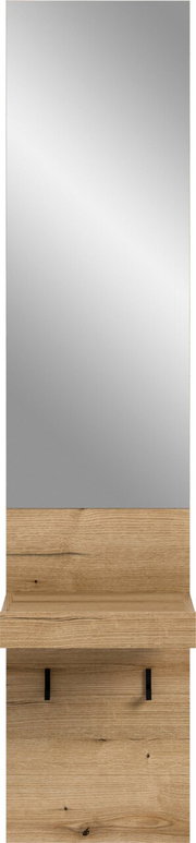 Hoher Wandspiegel mit Ablage und Hakenleiste in Eichenoptik, frontale Ansicht.