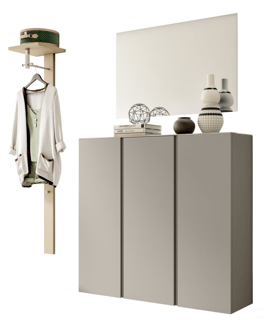 Garderobenset mit modernem Design, bestehend aus einem hohen Schrank mit drei Türen und einem Wandpaneel mit Kleiderhaken und Ablage. Perspektive: Frontalansicht.