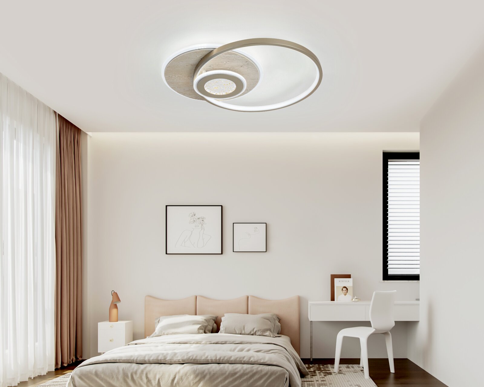 Moderne runde LED-Deckenleuchte mit Ringdesign in Weiß/Beige, warmes Licht, an der Zimmerdecke montiert Ansicht von unten im Schlafzimmer