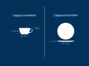Schematische Produktgrafik einer Cappuccinotasse (Seitenansicht) mit 280 ml, Höhe 6,5 cm und Durchmesser 11 cm sowie Untertasse (Draufsicht und Seitenprofil) mit Durchmesser 16 cm und Höhe 2 cm auf blauem Hintergrund; Perspektive: Tasse seitlich, Untertas
