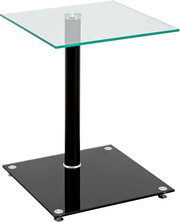Moderner Beistelltisch mit Glasplatte und schwarzem Metallfuß, seitliche Perspektive