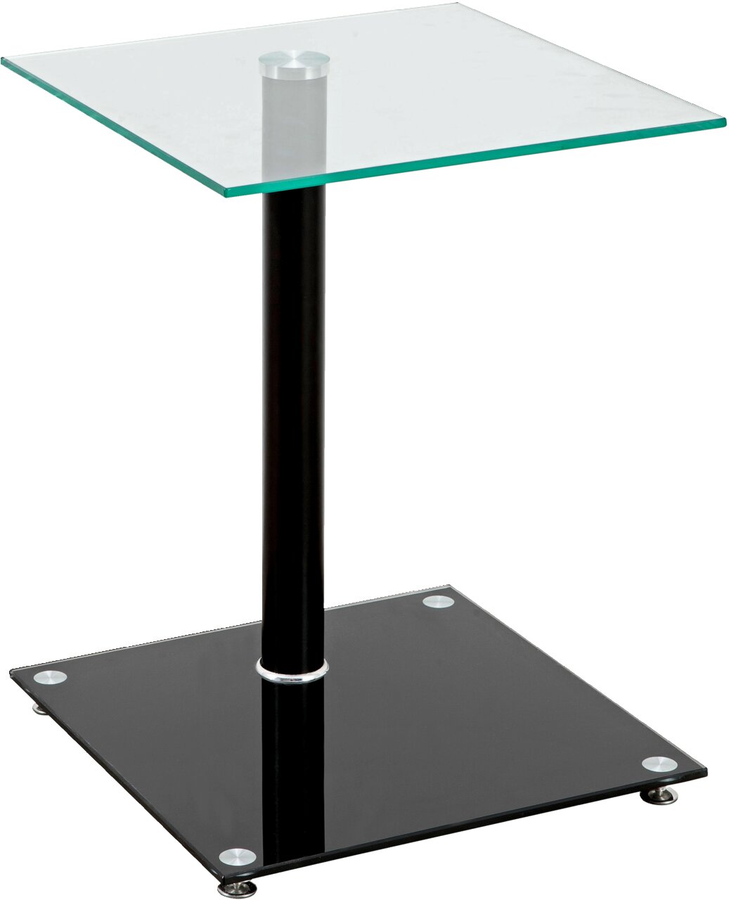 Moderner Beistelltisch mit Glasplatte und schwarzem Metallfuß, seitliche Perspektive