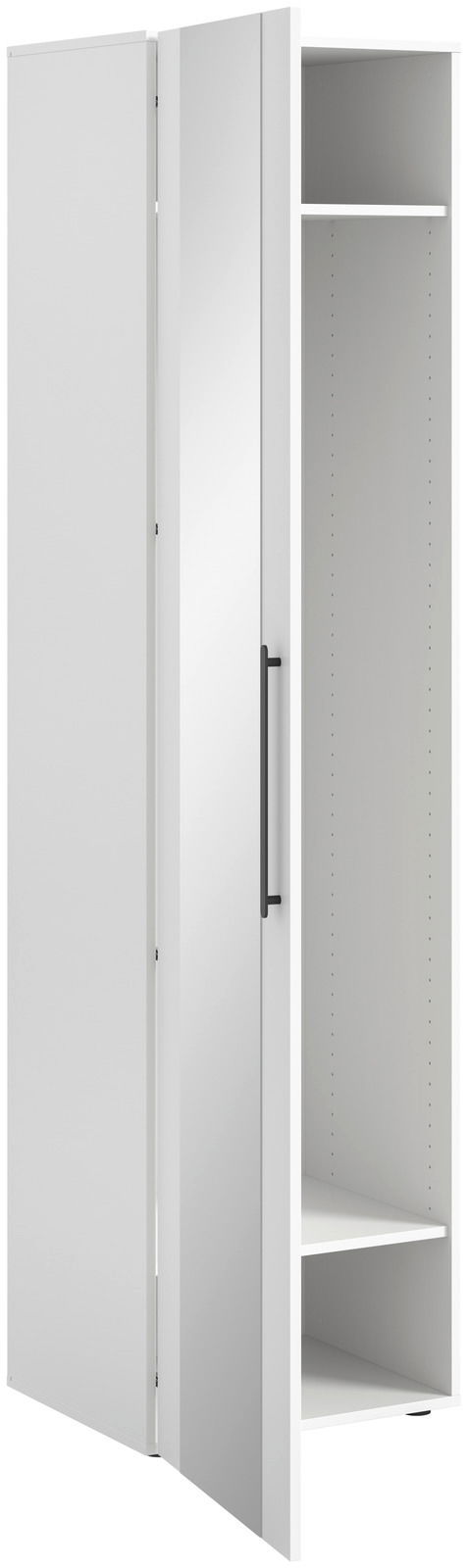 Moderner weißer Spiegelschrank mit geöffneter Tür, seitliche Perspektive