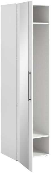 Moderner weißer Spiegelschrank mit geöffneter Tür, seitliche Perspektive
