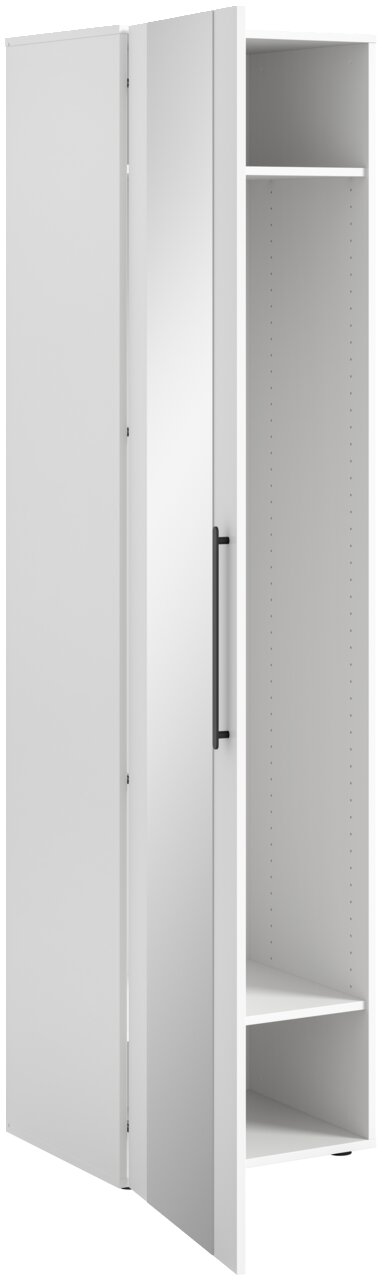 Moderner weißer Spiegelschrank mit geöffneter Tür, seitliche Perspektive