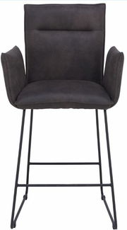 Frontansicht eines modernen Tresensessels der Serie SCALA von Valnatura mit dunklem Polster und Metallgestell.