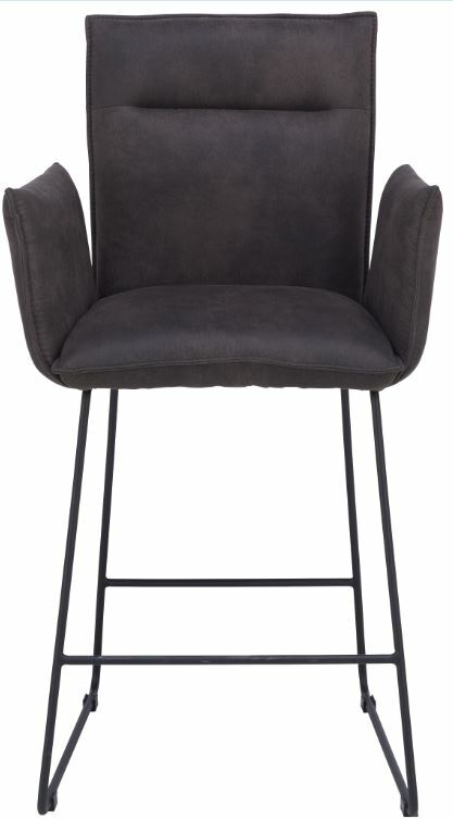 Frontansicht eines modernen Tresensessels der Serie SCALA von Valnatura mit dunklem Polster und Metallgestell.