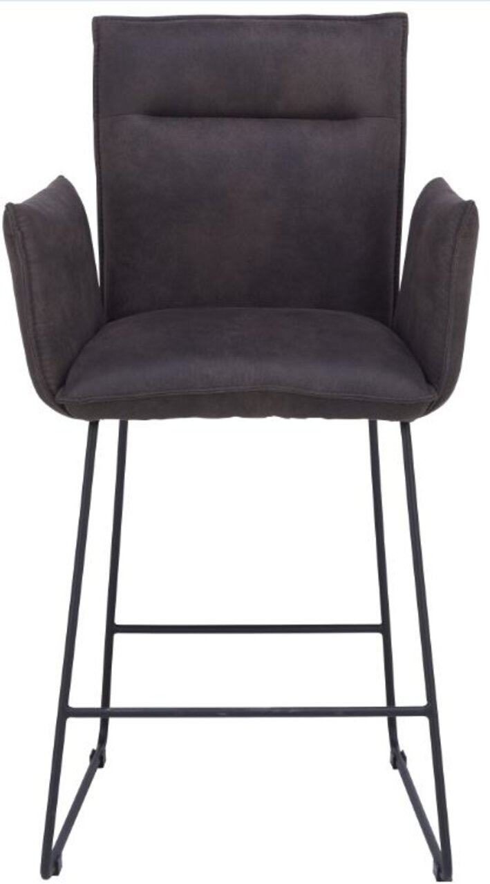 Frontansicht eines modernen Tresensessels der Serie SCALA von Valnatura mit dunklem Polster und Metallgestell.