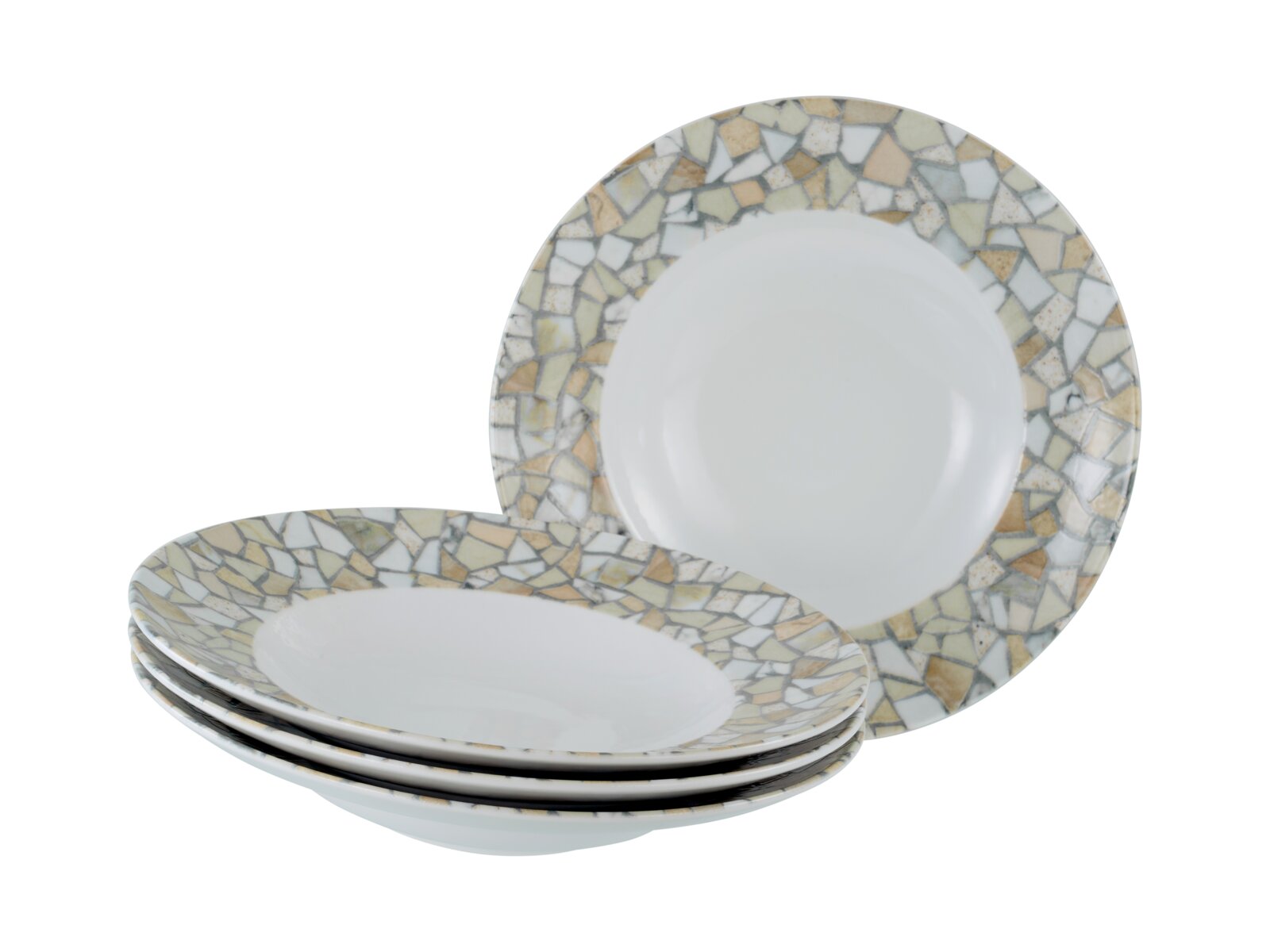 Creatable Pastateller 4-tlg STONE COLLECTION Vier runde Keramik-Speiseteller mit weißer Mitte und mosaikartig gemustertem Rand in Beige-, Grau- und Weißtönen, freigestellt auf weißem Hintergrund; Perspektive: leicht schräg von vorne, ein Teller aufrecht im Hintergrund und drei gestapelt im Vordergru