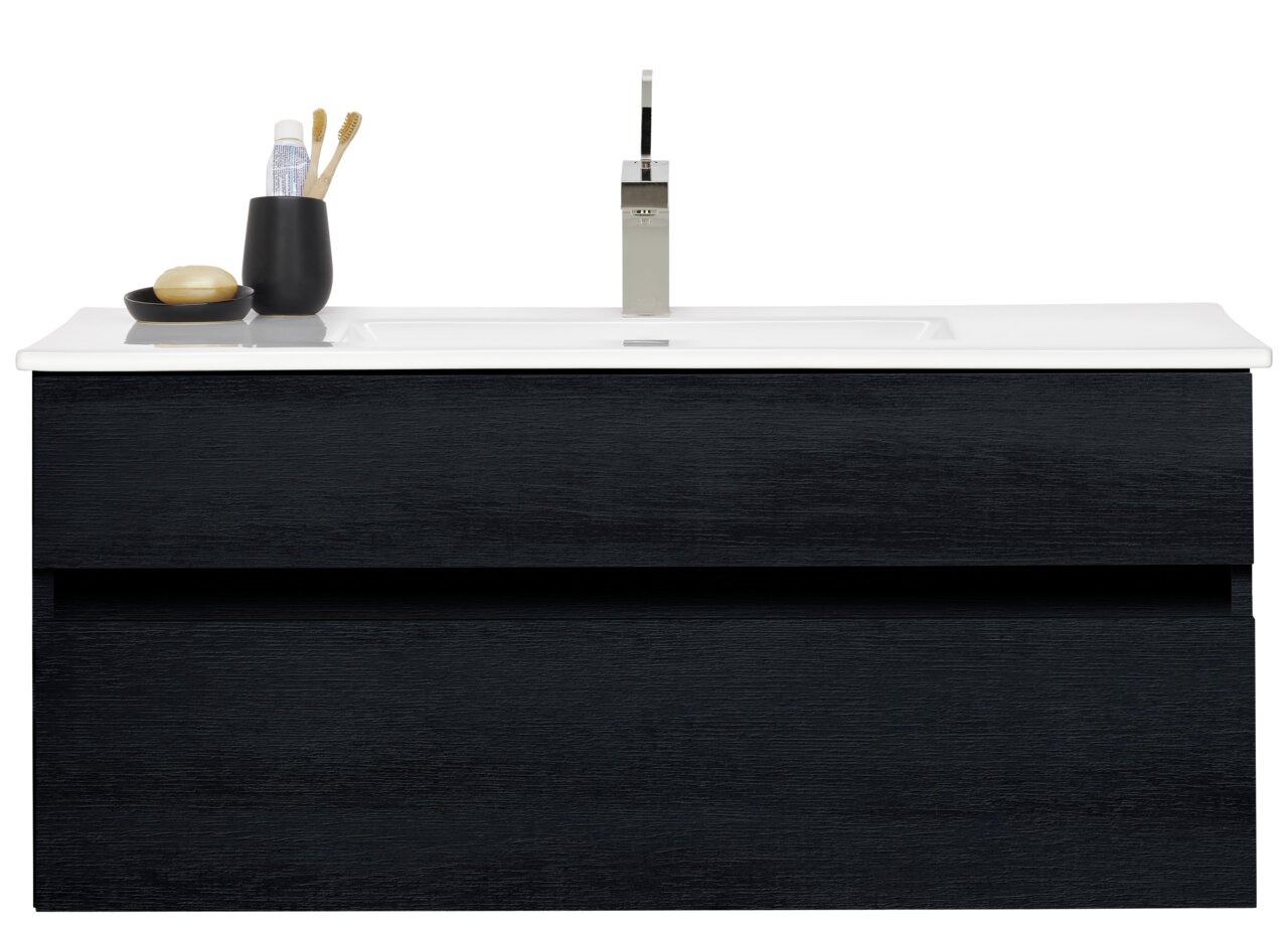 Novel Wastafelset NV.210 Frontale Ansicht eines modernen Waschtisch-Sets mit schwarzem Unterschrank und weißem Waschbecken, inklusive Seifenspender und Zahnbürstenhalter.