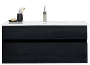 Frontale Ansicht eines modernen Waschtisch-Sets mit schwarzem Unterschrank und weißem Waschbecken, inklusive Seifenspender und Zahnbürstenhalter.