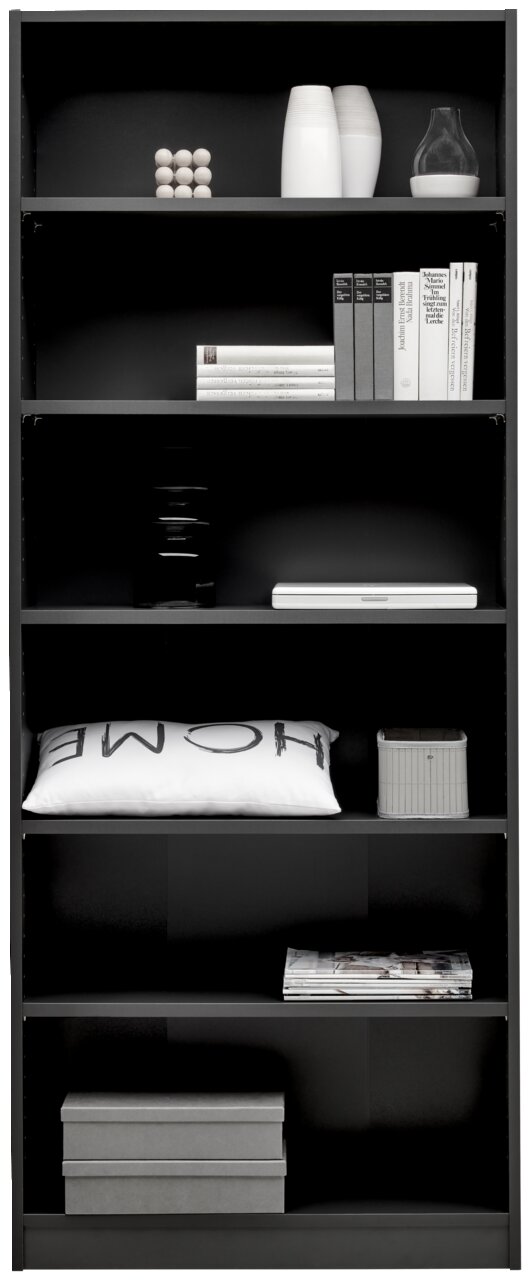 Schwarzes Regal mit mehreren Fächern, gefüllt mit Büchern, Dekorationsgegenständen und Kissen, frontal fotografiert.