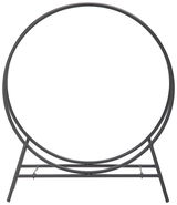 Moderner Kaminholzständer aus Metall in runder Form, frontal abgebildet.