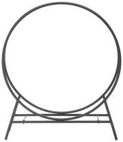 Moderner Kaminholzständer aus Metall in runder Form, frontal abgebildet.