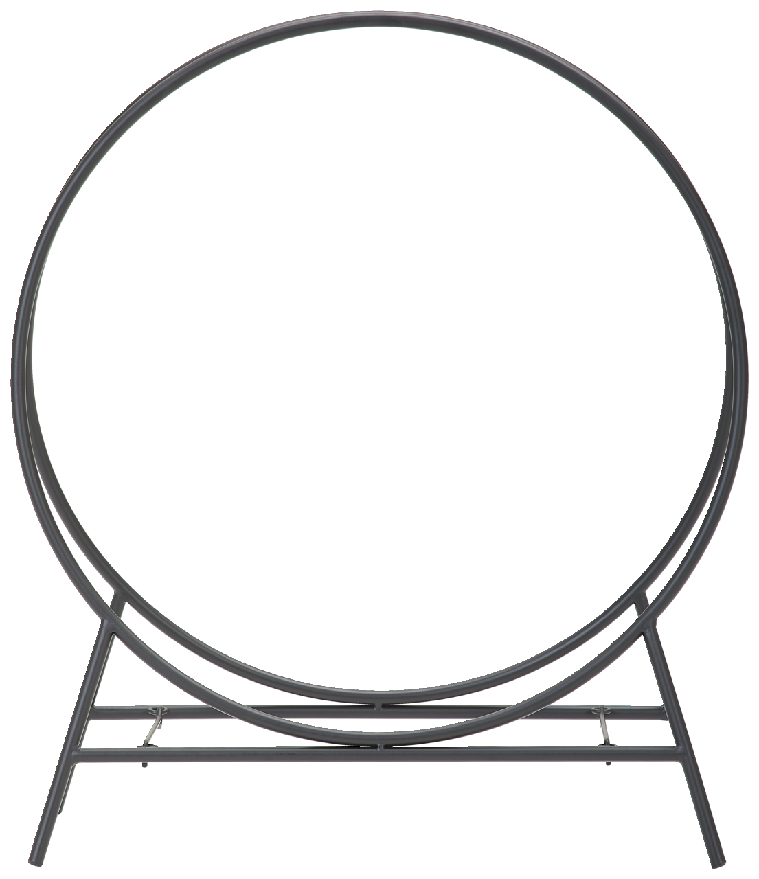 Moderner Kaminholzständer aus Metall in runder Form, frontal abgebildet.