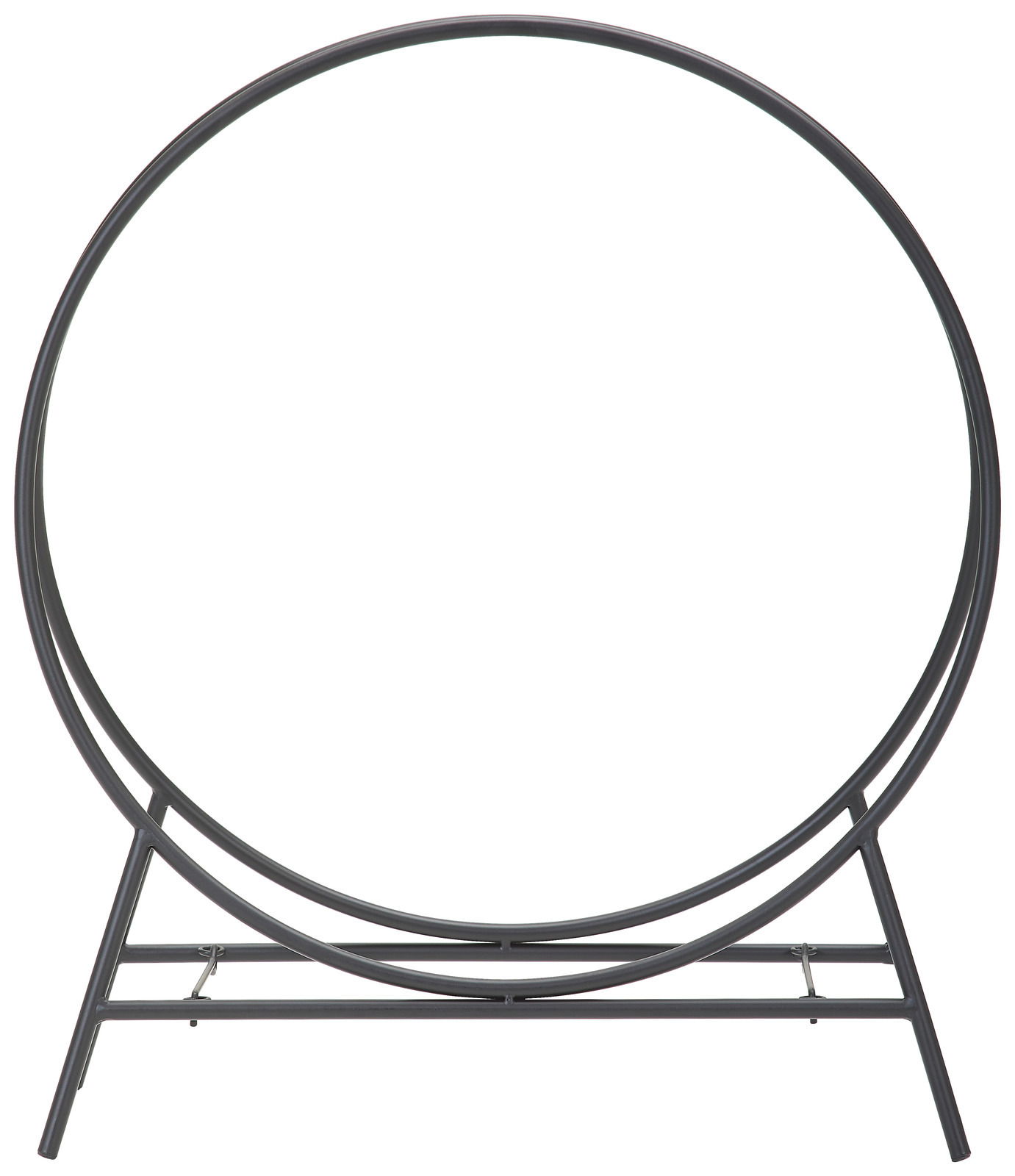 Moderner Kaminholzständer aus Metall in runder Form, frontal abgebildet.