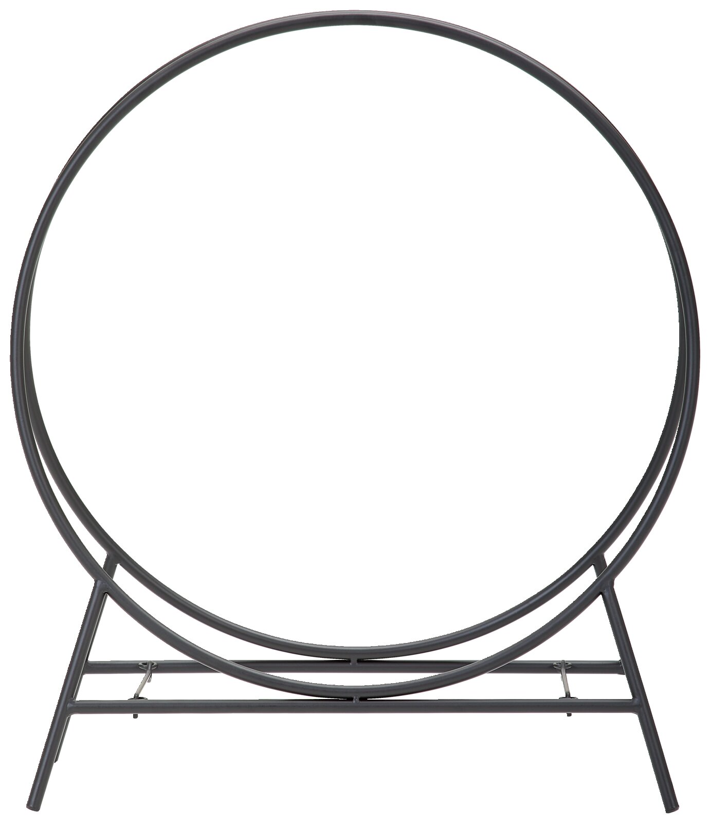 Moderner Kaminholzständer aus Metall in runder Form, frontal abgebildet.