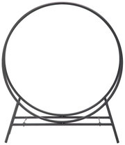 Moderner Kaminholzständer aus Metall in runder Form, frontal abgebildet.