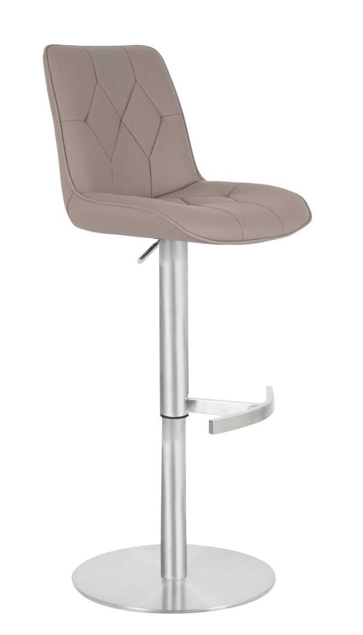 Moderne barkruk met beklede rugleuning en zitting in beige, verstelbaar metalen onderstel en voetsteun, zijaanzicht