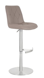 Moderne barkruk met beklede rugleuning en zitting in beige, verstelbaar metalen onderstel en voetsteun, zijaanzicht
