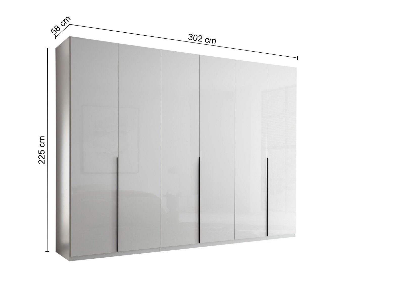 Großer sechstüriger Kleiderschrank in Weiß mit glänzenden Fronten und schwarzen Griffleisten, Maße 302 × 225 × 58 cm, aus schräger Vorderansicht von links