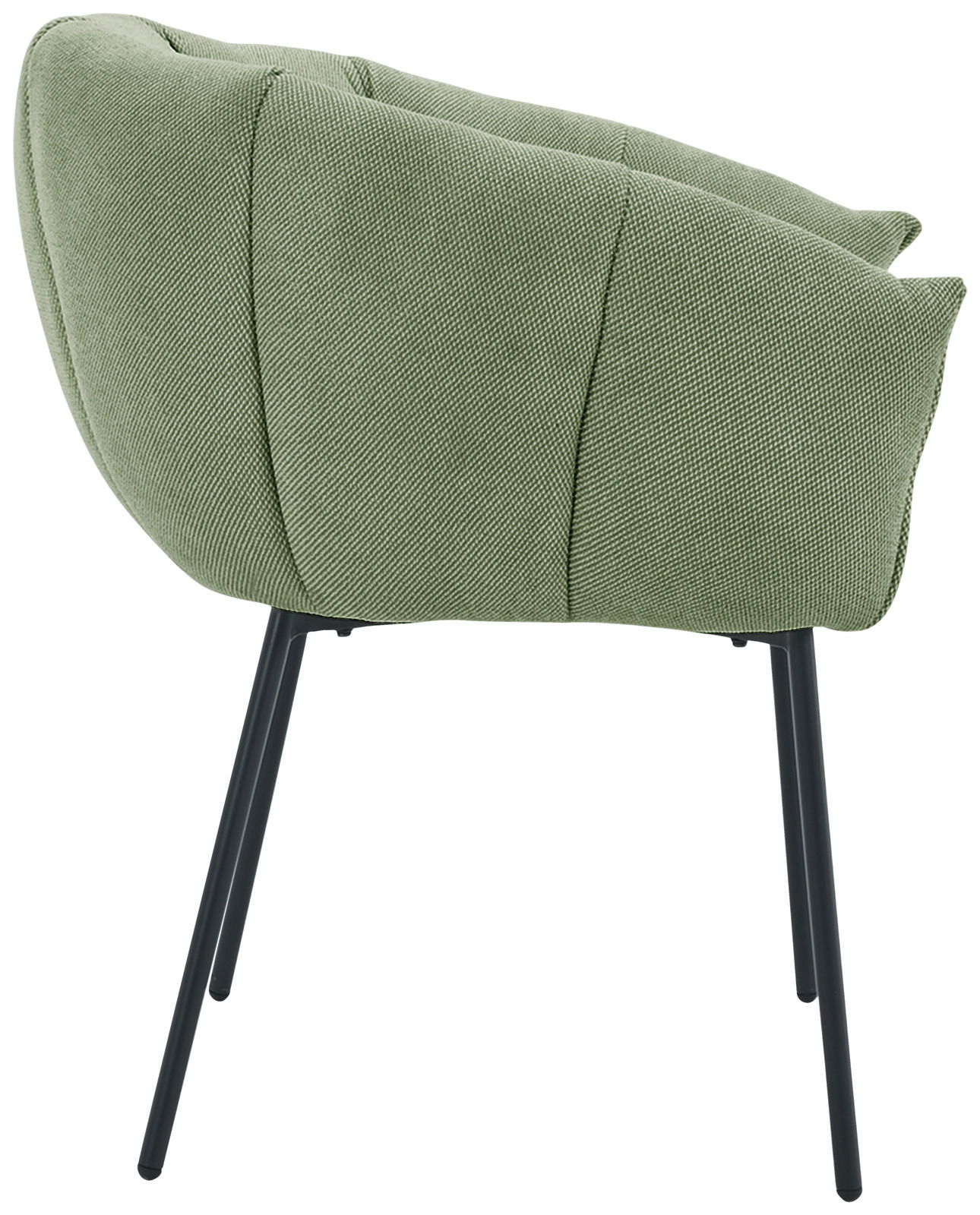 Grüner Armlehnstuhl mit schwarzem Metallgestell, Seitenansicht