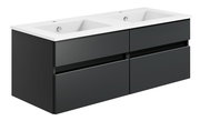 Moderne Badkombination mit zwei Waschbecken, schwarze Schubladenfronten, seitliche Perspektive