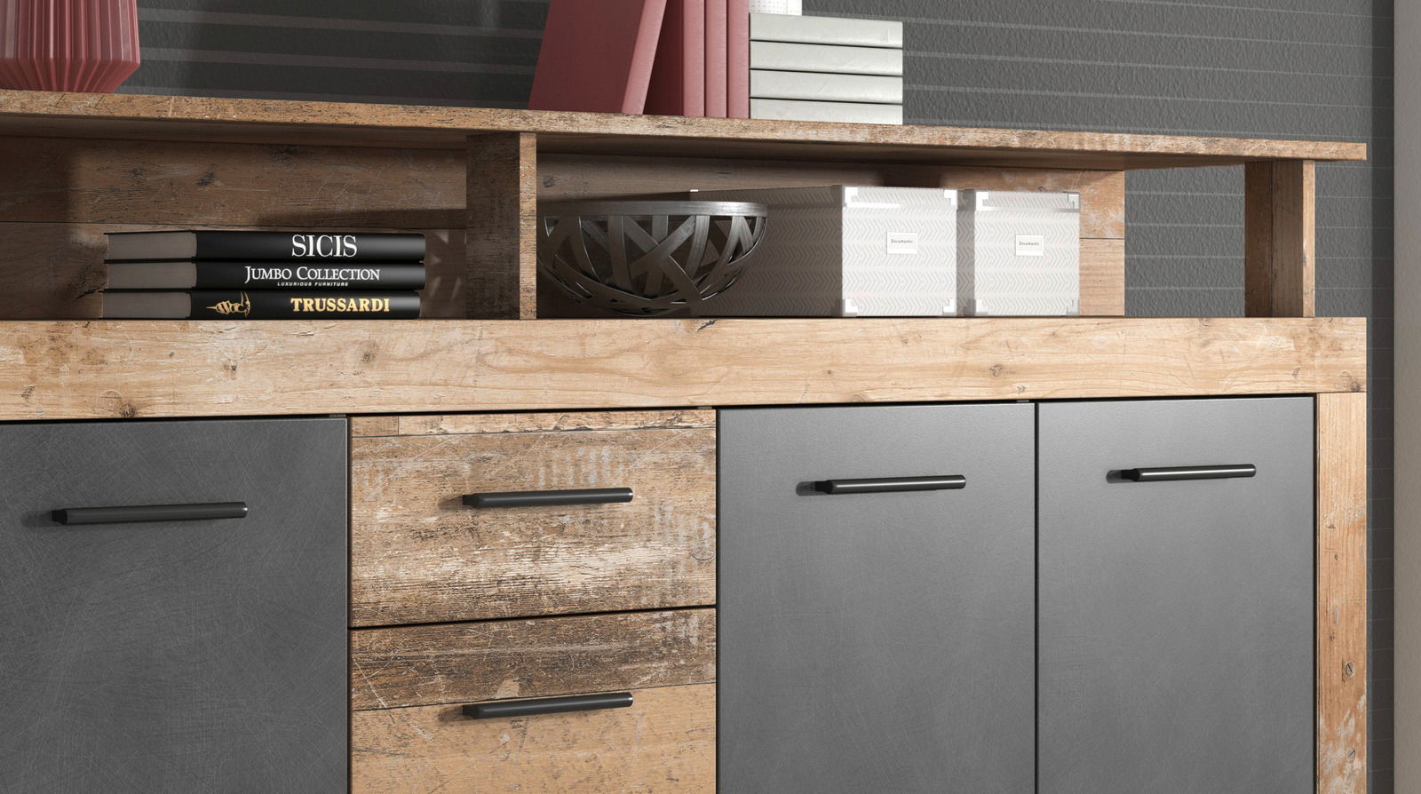 Nahaufnahme eines modernen Sideboards mit Holz- und Grautönen, Bücher und Dekorationen auf der oberen Ablage, frontale Perspektive.