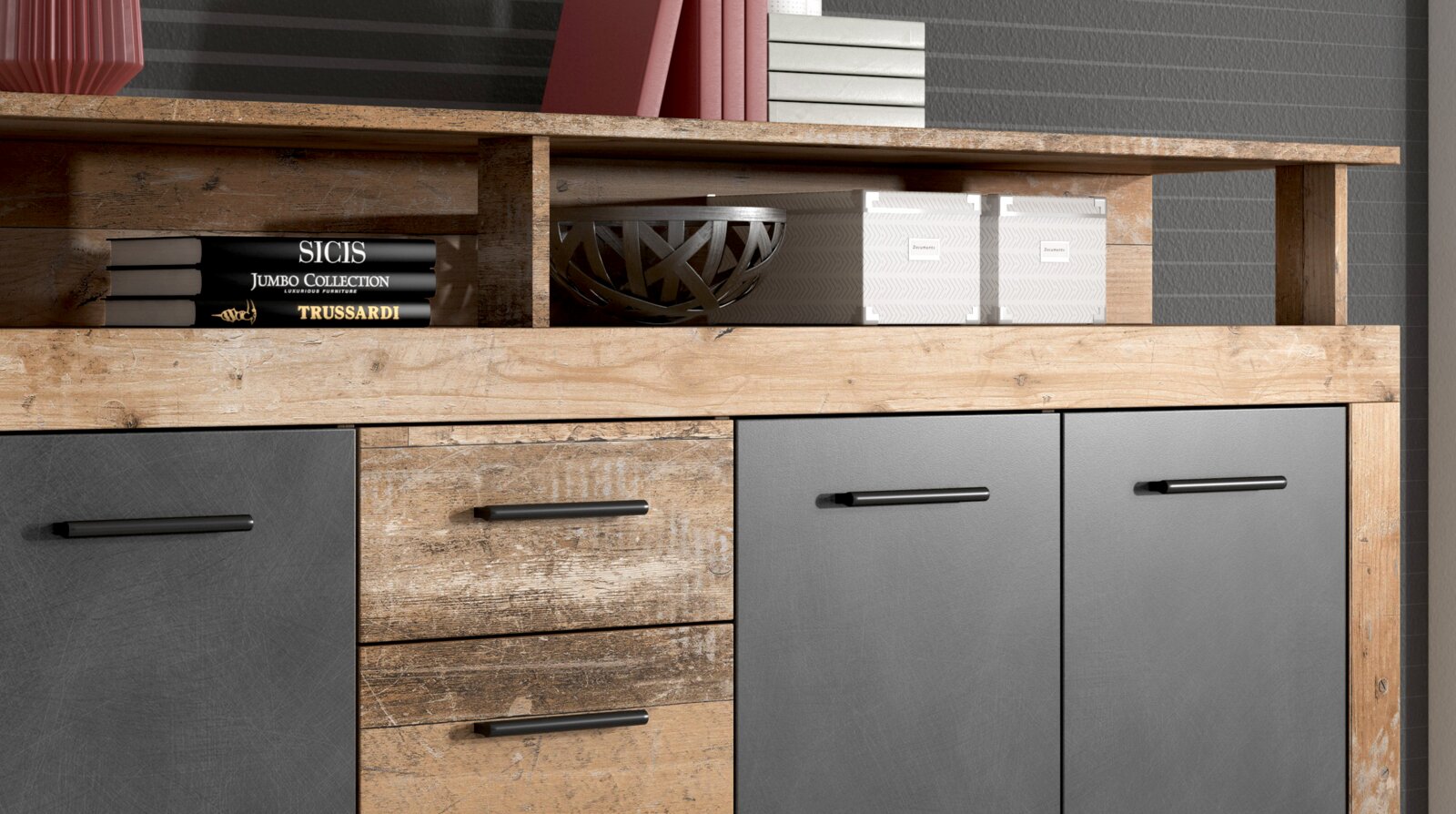 Nahaufnahme eines modernen Sideboards mit Holz- und Grautönen, Bücher und Dekorationen auf der oberen Ablage, frontale Perspektive.