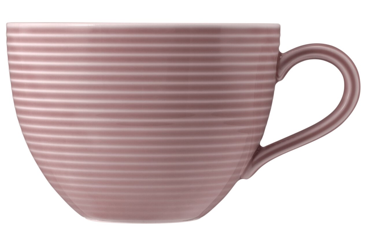 Koffiekopje met melk 0,35 l in roze met horizontale strepen, zijaanzicht