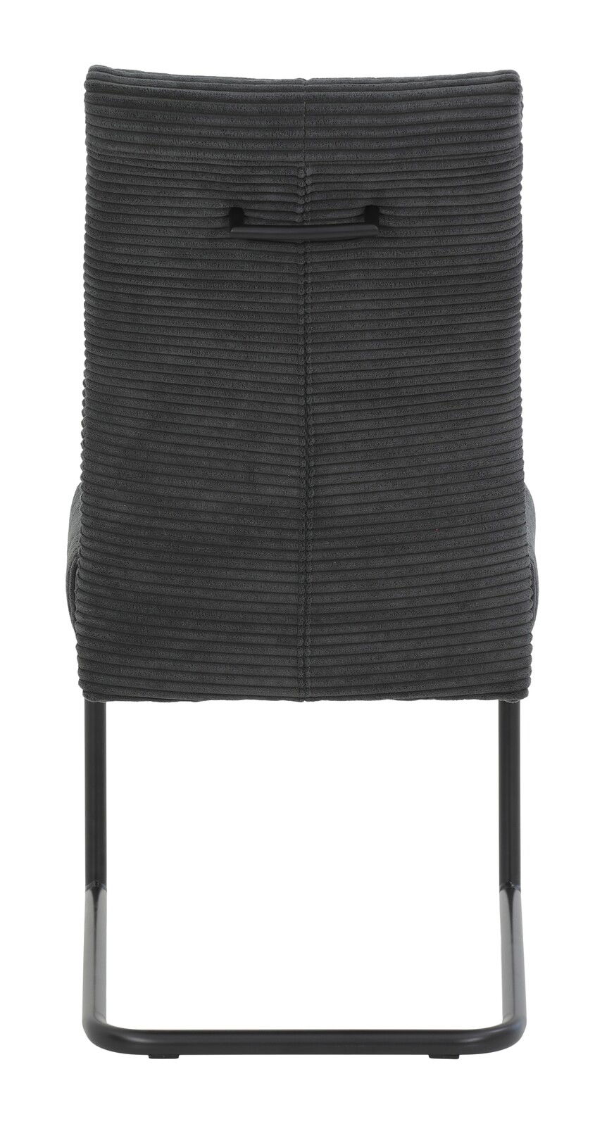 Rückansicht eines modernen Schwingstuhls mit schwarzem, geripptem Stoffbezug und schwarzem Metallgestell.