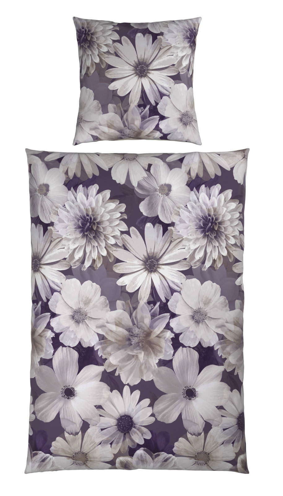 Wendebettwäsche mit floralem Muster in Lila- und Weißtönen, Draufsicht