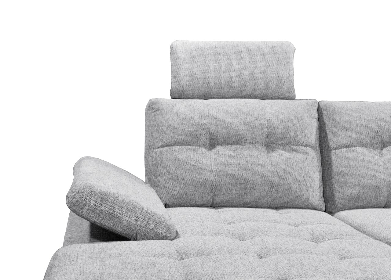 Graues Sofa mit verstellbarer Rückenlehne und Kopfstütze, seitliche Perspektive