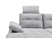 Graues Sofa mit verstellbarer Rückenlehne und Kopfstütze, seitliche Perspektive
