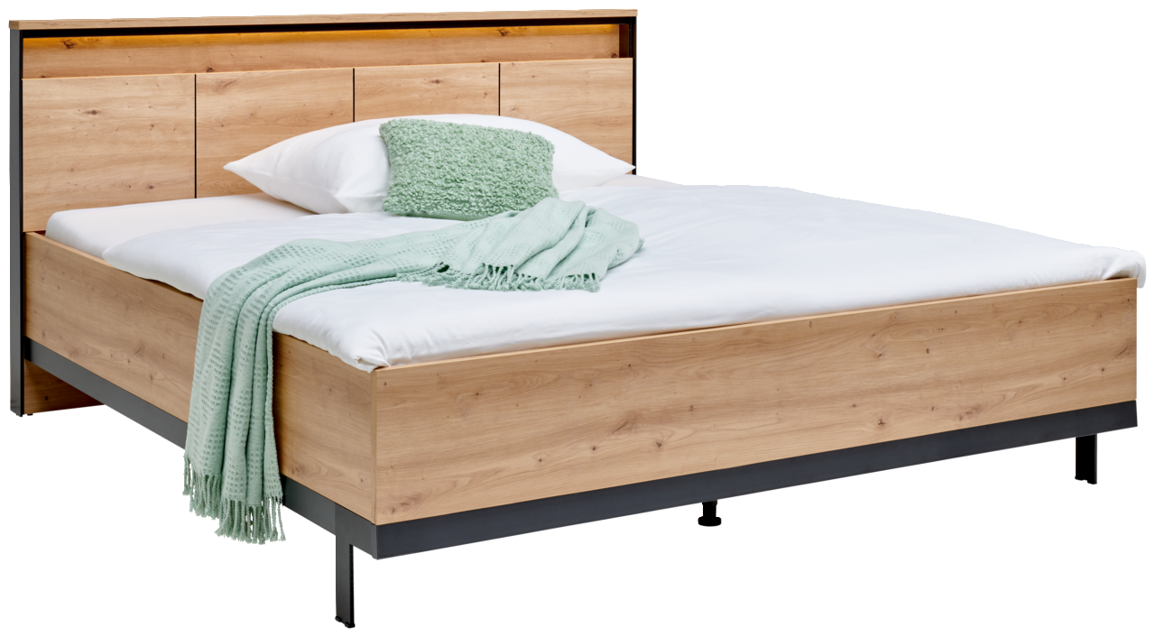 Voleo Bett EDRA Holzbett mit Kopfteil, weißer Bettwäsche und grüner Decke, seitliche Perspektive