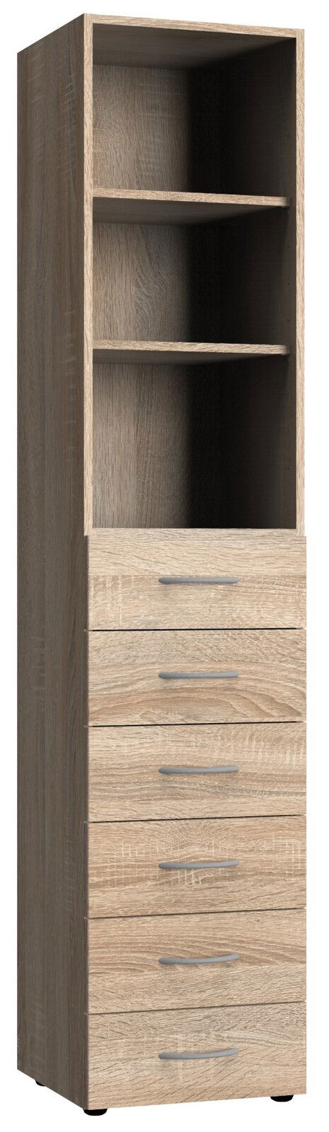 Mehrzweckschrank aus Holz mit zwei offenen Fächern und fünf Schubladen, frontal betrachtet.