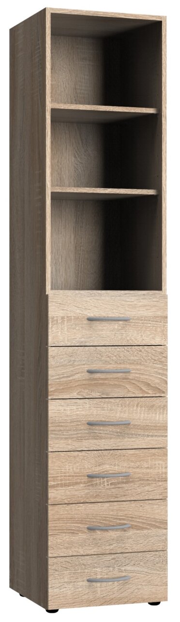 Mehrzweckschrank aus Holz mit zwei offenen Fächern und fünf Schubladen, frontal betrachtet.