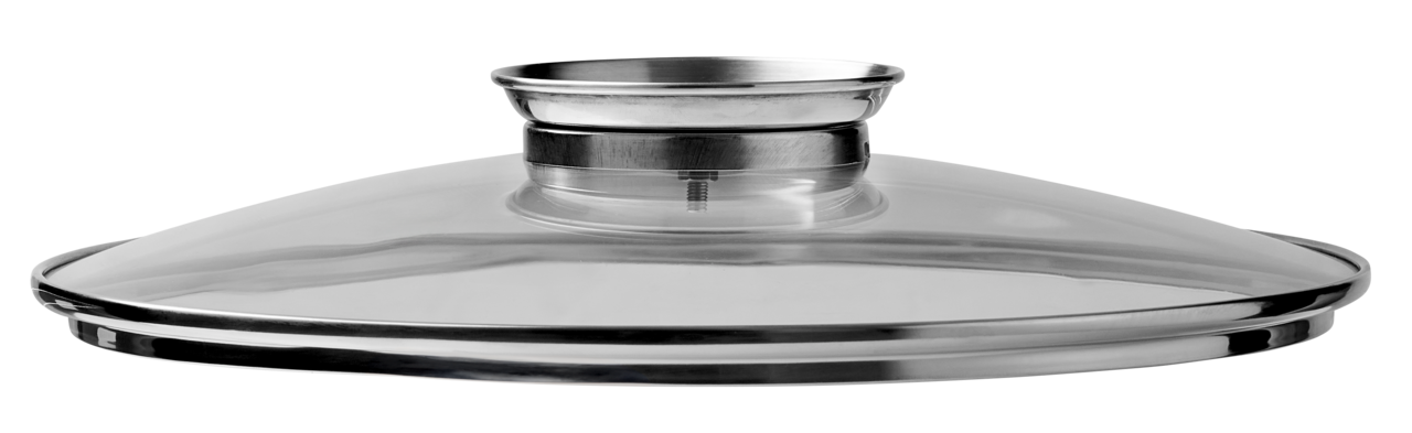 Glasdeckel mit Edelstahlgriff, seitliche Perspektive