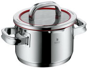 Topf aus Edelstahl mit Glasdeckel und rotem Dichtungsring, seitliche Perspektive