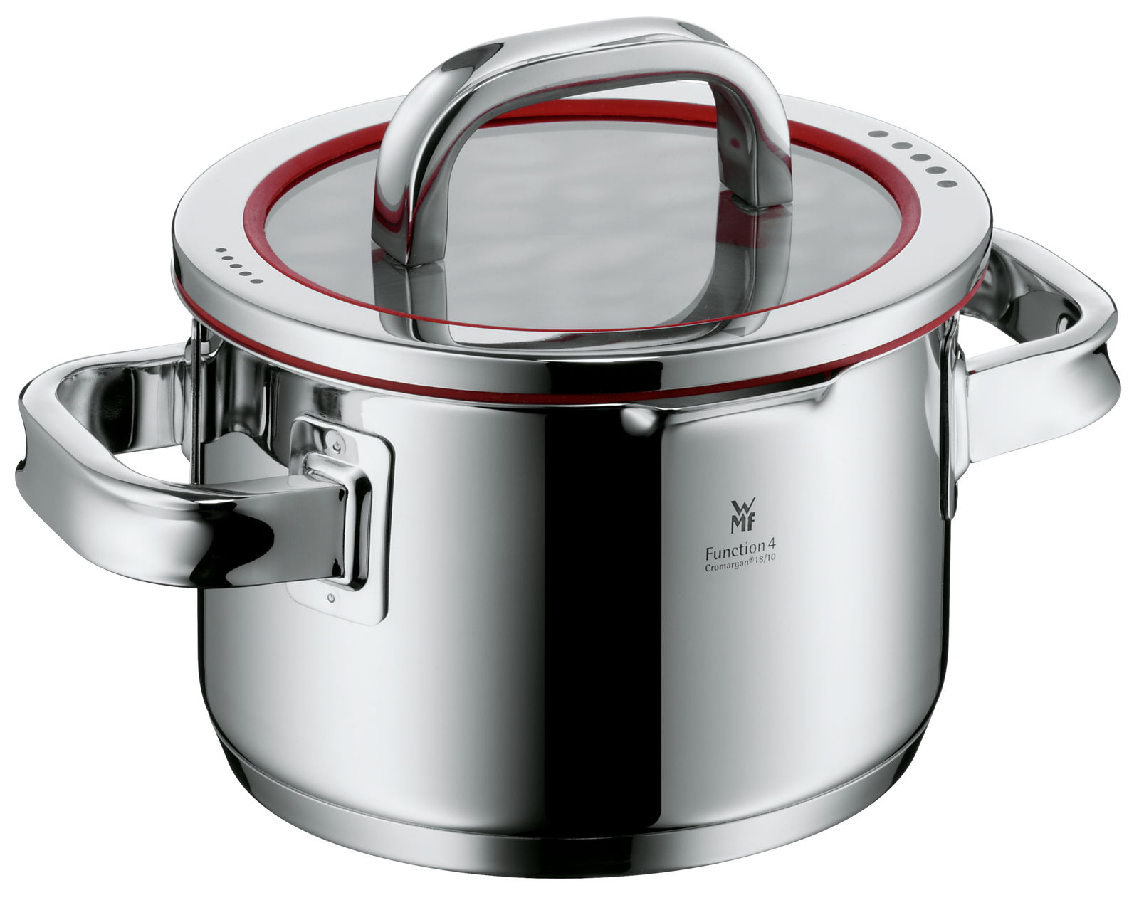 Topf aus Edelstahl mit Glasdeckel und rotem Dichtungsring, seitliche Perspektive