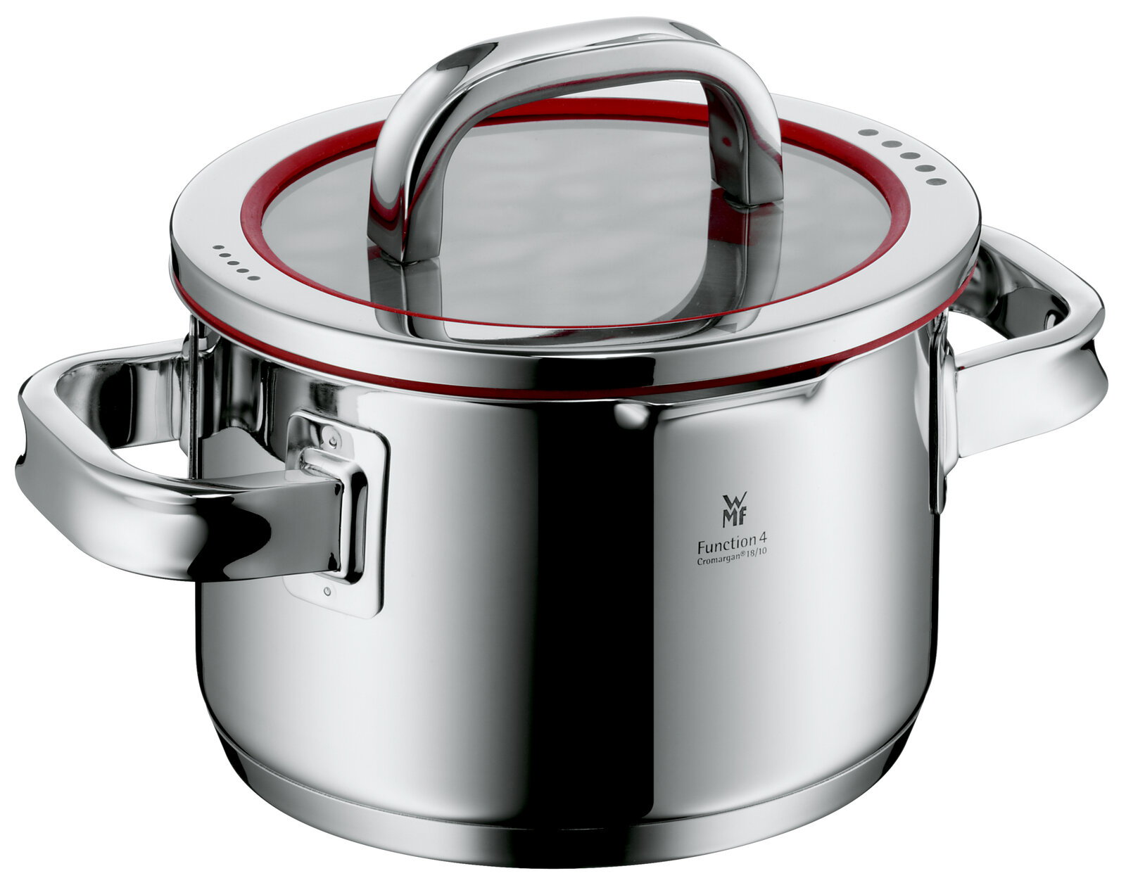 Topf aus Edelstahl mit Glasdeckel und rotem Dichtungsring, seitliche Perspektive