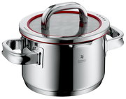 Topf aus Edelstahl mit Glasdeckel und rotem Dichtungsring, seitliche Perspektive