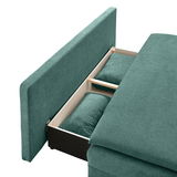 Funktionssofa in Grün mit geöffneter Stauraumfunktion, seitliche Perspektive