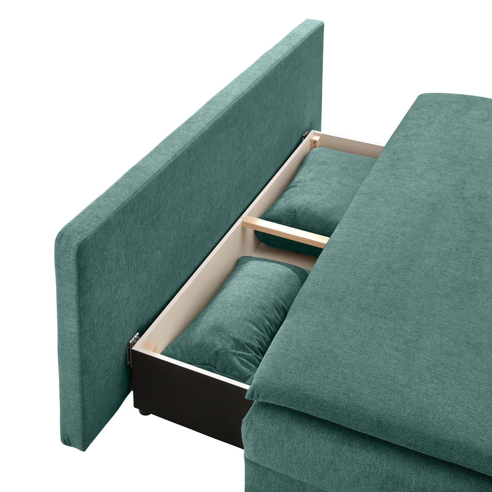 Funktionssofa in Grün mit geöffneter Stauraumfunktion, seitliche Perspektive