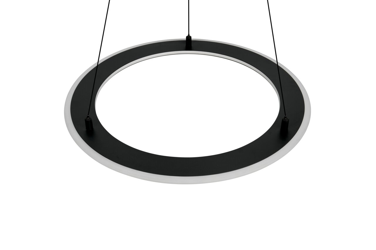 Moderne runde Pendelleuchte in schwarzem Design, von unten betrachtet.