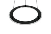 Moderne runde Pendelleuchte in schwarzem Design, von unten betrachtet.